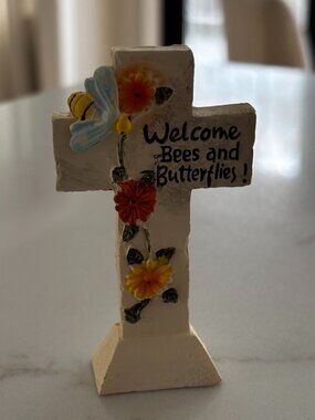 Mini Decorative Garden Cross Welcome Bees and Butterflies Floral Figurine